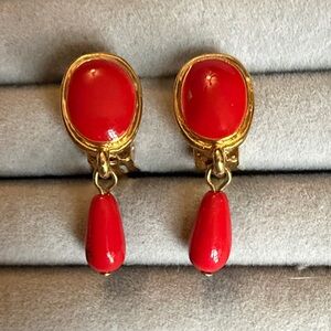 Elegant Red and Gold Drop Clip Earrings